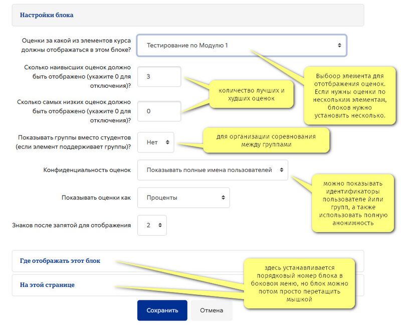 Блок оценок в курсе настройки